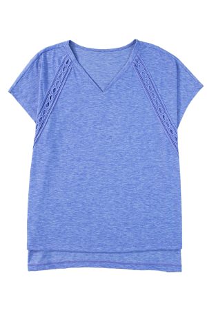 Sky Blue Solid Color Crochet Lace Detail Oversized Tee