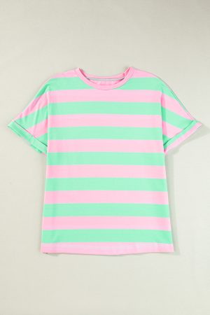 Pink Stripe Colorblock Cuffed Sleeve Loose Tee