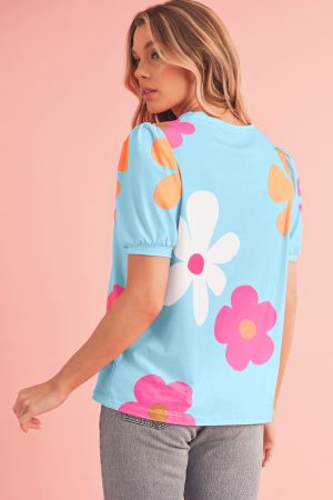 Sky Blue Colorful Flower Print Bubble Sleeve Tee