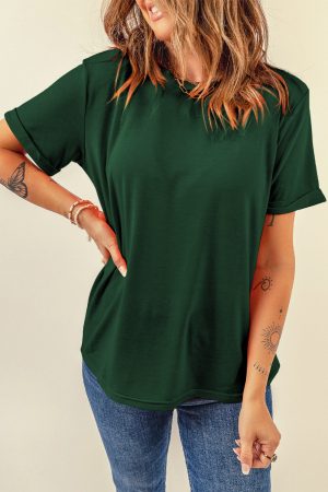 Green Solid Color Basic Crew Neck Plain Tee