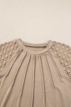 Pale Khaki Seamed Detail Contrast Lace Raglan Sleeve Tee