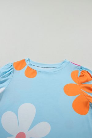 Sky Blue Colorful Flower Print Bubble Sleeve Tee