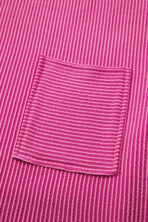 Pink Ribbed Knit Pocketed Loose Fit Crew Neck T Shirt