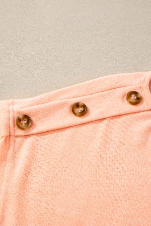 Apricot Pink Solid Color Button Decor Batwing Sleeve Tee