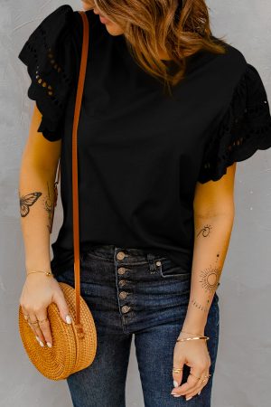 Cut Out Sleeve Casual Black T-shirt for Women