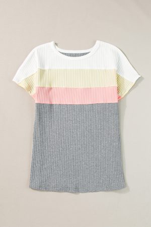 Gray Ribbed Color Block Patchwork Round Neck T Shirt