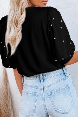 Black Rhinestone Pearl Puff Sleeve Plain T Shirt