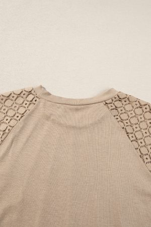 Pale Khaki Seamed Detail Contrast Lace Raglan Sleeve Tee