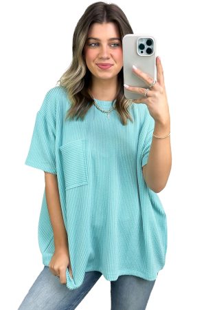 Turquoise Ribbed Knit Pocketed Loose Fit Crew Neck T Shirt