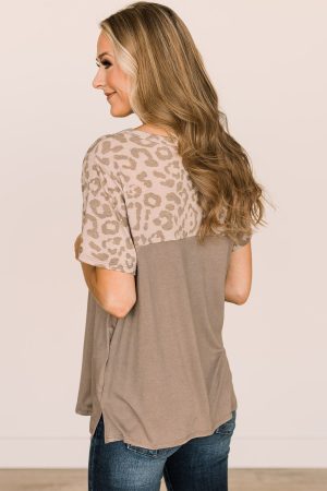 Khaki Leopard Casual Color Block T Shirt