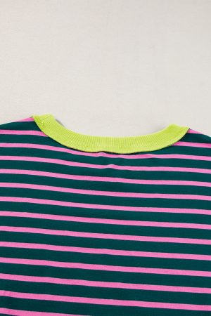 Green Stripe Colorblock Drop Sleeve Loose Top