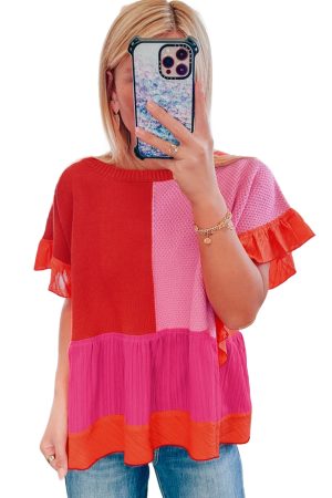 Tomato Red Mix Knitted Patchwork Ruffle Trim Loose T Shirt