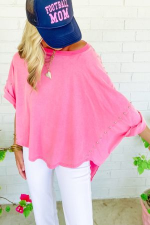 Bonbon Studded Batwing Sleeve Oversized Tee