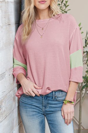 Light Pink Ribbed Colorblock Drop Sleeve Top