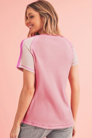 Pink Exposed Seam Patchwork Waffle Knit V Neck T Shirt