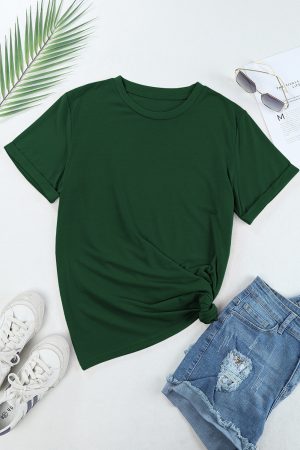 Green Solid Color Basic Crew Neck Plain Tee