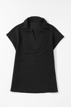 Black Textured V Neck Collared Slit Hem T Shirt