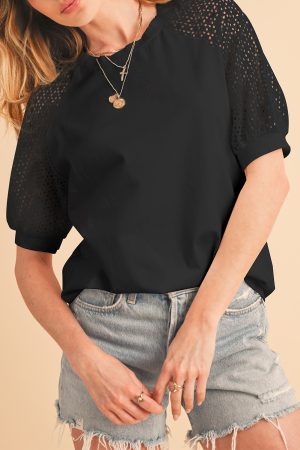 Black Pointelle Lace Sleeve Loose Round Neck Tee