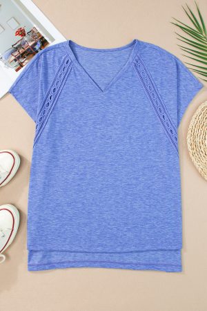 Sky Blue Solid Color Crochet Lace Detail Oversized Tee