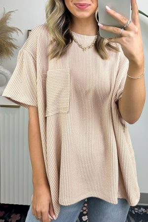 Beige Ribbed Knit Pocketed Loose Fit Crew Neck T Shirt