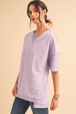 Orchid Petal Mineral Wash Exposed Seam Drop Shoulder Oversized Tee