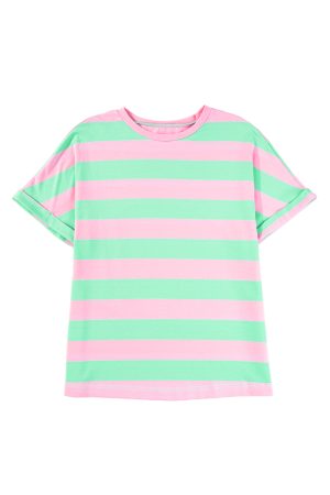 Pink Stripe Colorblock Cuffed Sleeve Loose Tee