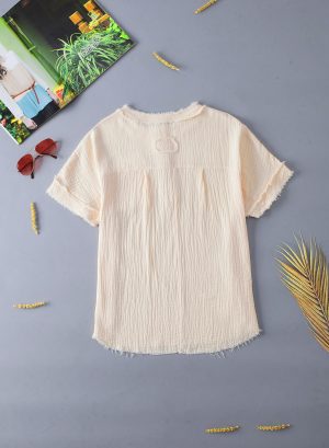 Parchment Textured Frayed Trim Henley T Shirt