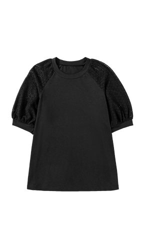 Black Pointelle Lace Sleeve Loose Round Neck Tee