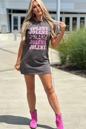 Dark Grey JOLENE Letter Graphic Crewneck Tunic T Shirt