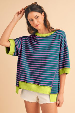 Green Stripe Colorblock Drop Sleeve Loose Top