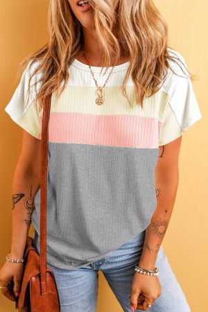 Gray Ribbed Color Block Patchwork Round Neck T Shirt