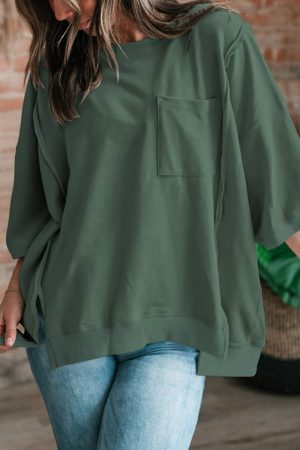 Laurel Green Exposed Seam Pocket Side Split Loose T Shirt