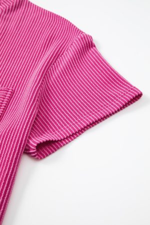 Pink Ribbed Knit Pocketed Loose Fit Crew Neck T Shirt