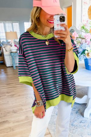 Green Stripe Colorblock Drop Sleeve Loose Top