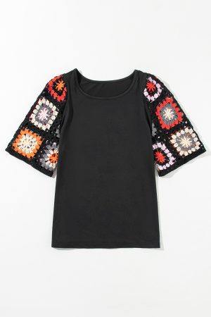 Black Floral Hollowed Crochet Sleeve Boho T Shirt