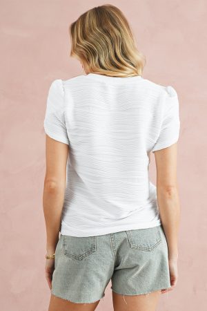 White Textured V-Neck Short Tulip Sleeve T Shirt