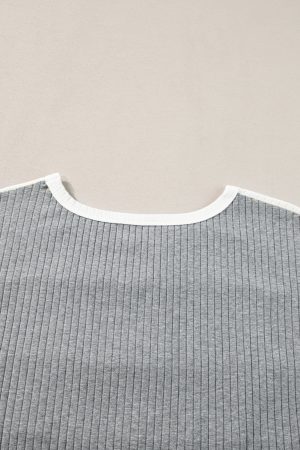 Gray Ribbed Color Block Patchwork Round Neck T Shirt