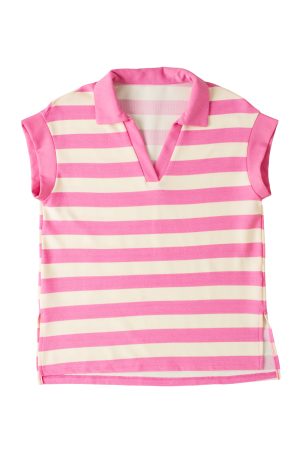 Pink Stripe Collared V Neck Cap Sleeve Top