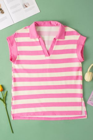 Pink Stripe Collared V Neck Cap Sleeve Top