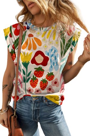 Khaki Fruit & Plant Print Round Neck Cap Sleeve T Shirt