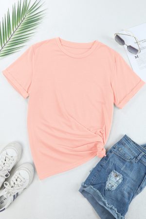 Pink Solid Color Basic Crew Neck Plain Tee