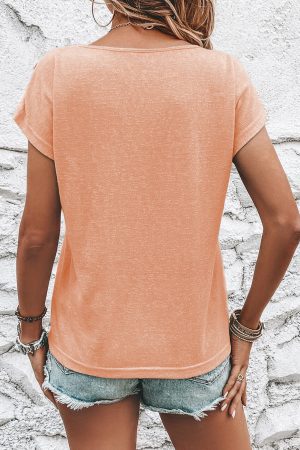 Apricot Pink Solid Color Button Decor Batwing Sleeve Tee