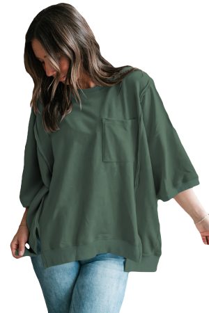 Laurel Green Exposed Seam Pocket Side Split Loose T Shirt