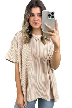 Beige Ribbed Knit Pocketed Loose Fit Crew Neck T Shirt