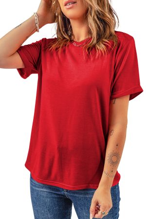 Red Solid Color Basic Crew Neck Plain Tee