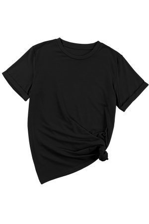 Black Solid Color Basic Crew Neck Plain Tee