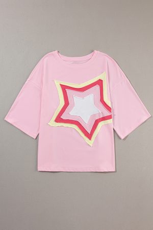 Light Pink Colorblock Star Patched Half Sleeve Oversized Tee