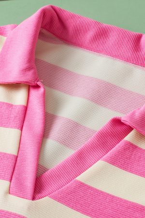 Pink Stripe Collared V Neck Cap Sleeve Top