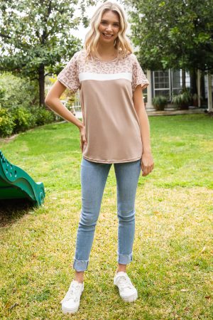 Khaki Leopard Casual Color Block T Shirt